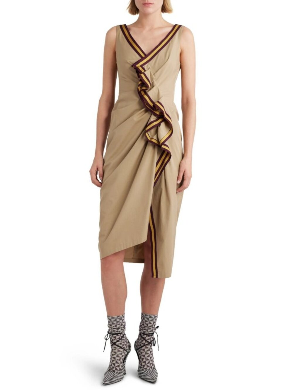 Dries Van Noten Women's Rugby Gathered Cotton Midi Dress Beige Size 40 / US 8